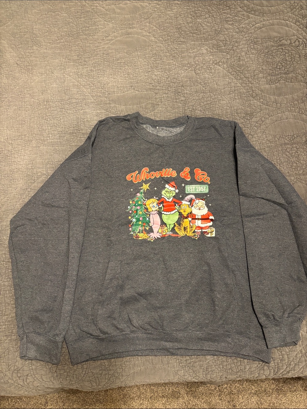 Women’s Gildan Dark Gray Grinch & Who-ville Crewneck Sweatshirt